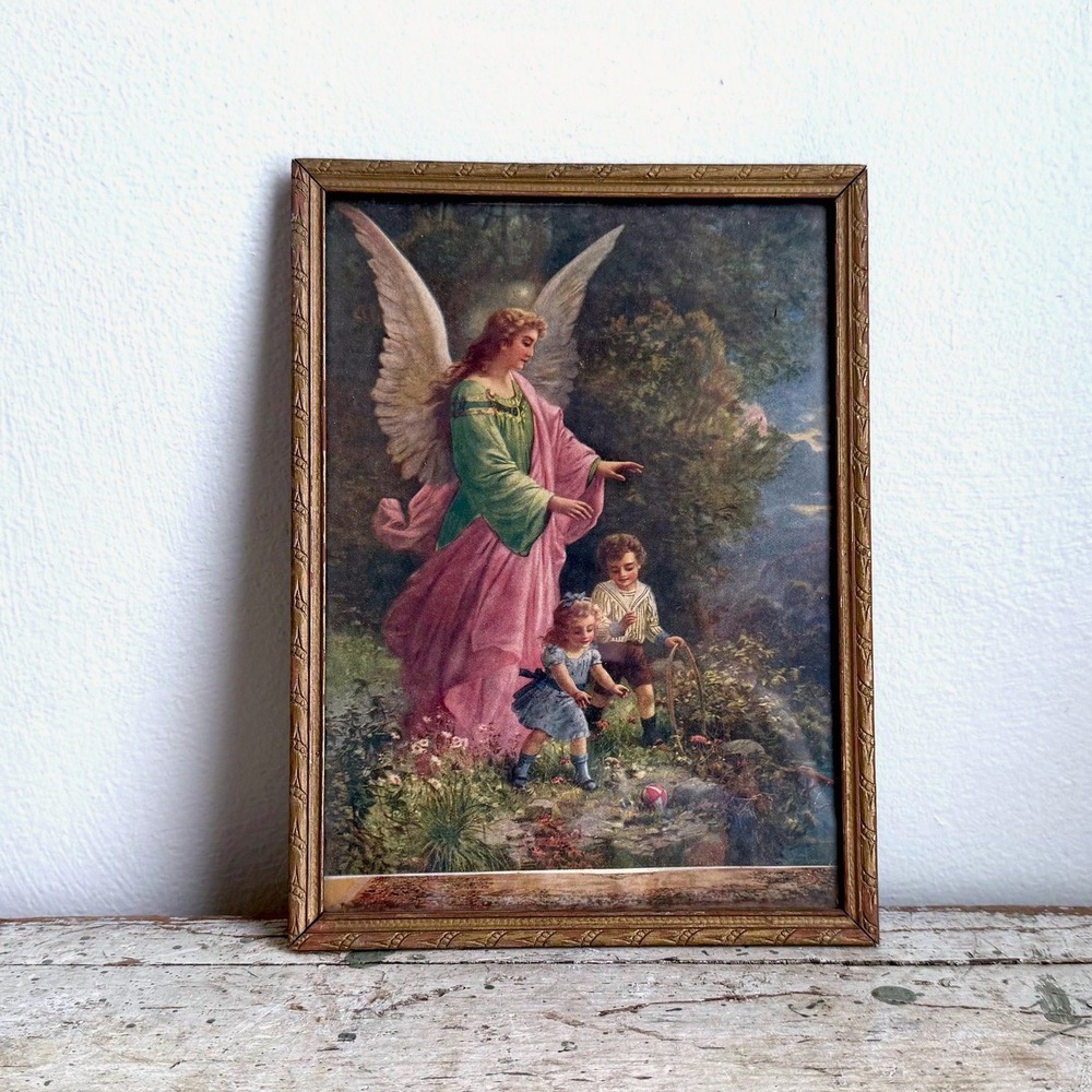 Vintage Guardian Angel w/ Children 9" x 12" Framed Under Glass